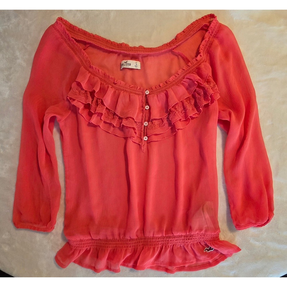 Hollister Y2K Sheer Coral Pink Ruffle Blouse Boho Romantic Babydoll Top Small